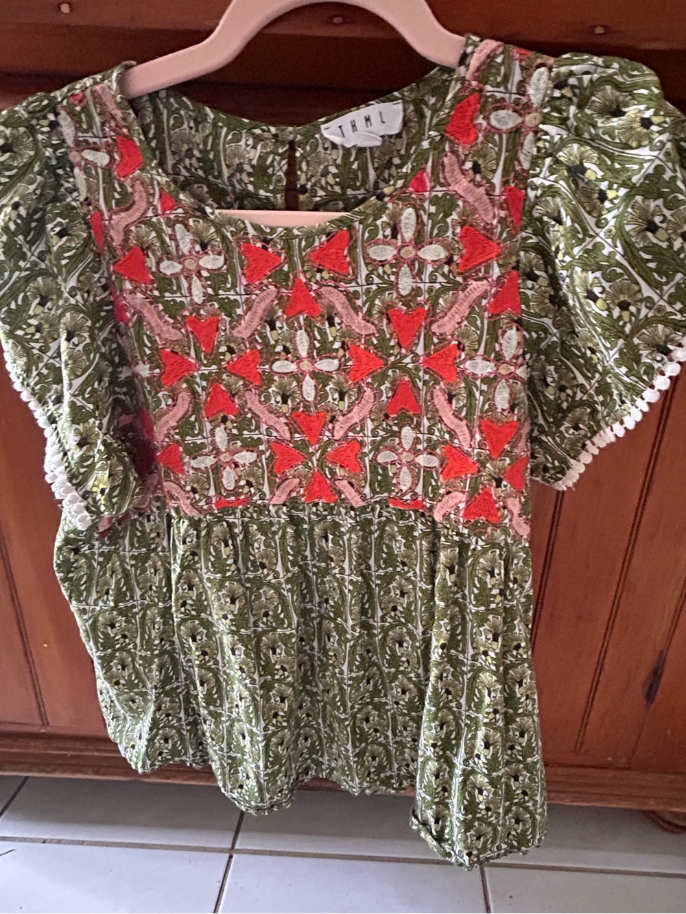 THML Embroidered Green & Coral Boho blouse top